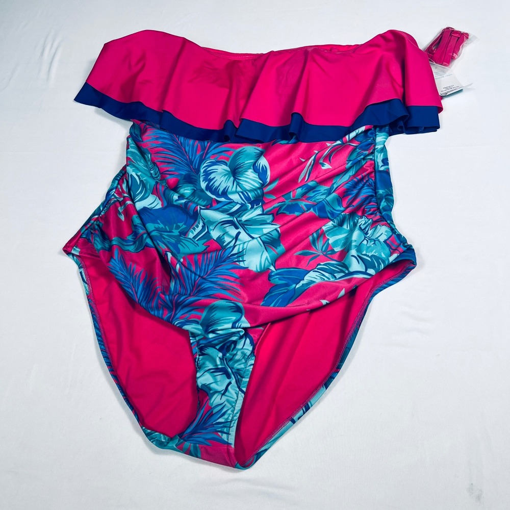 Outdoor Oasis‎ Womens XL Pink Tropical Flounce One Piece Swimsuit SP22UT008 NWT